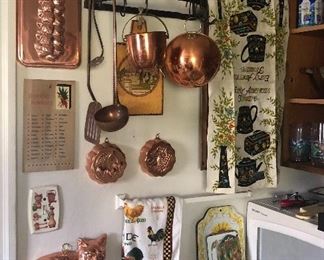 Copper molds & utensils, new old stock linen kitchen towel