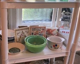 Fire King jadite bowls, chick egg cups, fun tile trivets & more