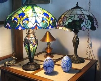 Newer stained glass lamps, small vintage copper lamp, fun candles
