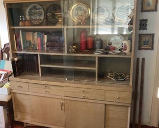 Mid century china cabinet by Kroehler (56” L, 17.5”D, 63”H) With souvenir plates & more inside