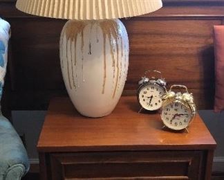 Nightstands are SOLD  (each 22”W, 16”D, 21”H) Matching king size headboard is available (78.5”L, 36.5”H) With one of a pair of drip glaze ceramic lamps (27” tall)