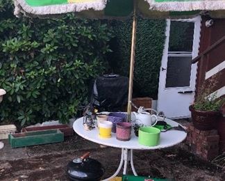 Umbrella & table are SOLD - Coleman stove, misc. planters