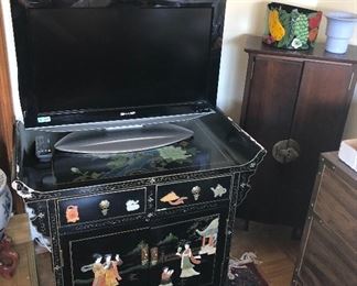 Asian cabinet with hardstone decoration, Sharp 26” LCD TV with remote