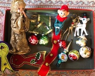 Vintage Xmas ornaments - elf on a shelf with bells & more