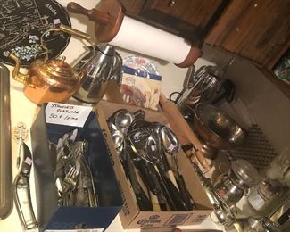 Copper kettle & colander, kitchen utensils, rolling pins & more