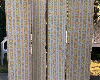 Folding wooden screen covered in “flower power” wallpaper (82” tall)