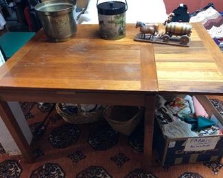 Square teak table with 2 pull-out leaves (one is out in photo) Made in Denmark. 35.5” square - each leaf is 15.5” long (Total length with both out = 66.5”) 