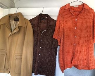 Pendleton car coat (size 44), men’s polka dot shirts (brown one is from Frederick & Nelson, orange one is silk)