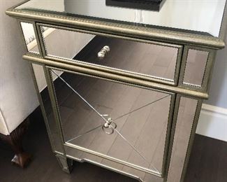 Pair of Mirror front bedside tables - this piece has a crack neat eh handle - the other piece is perfect. $490 for the pair