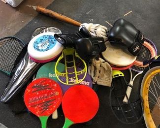 tennis raquets, Badminton, paddle ball, boxing gloves,