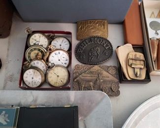 Non working pocket watches and vintage belt buckles