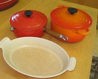 $60.00, Three le Creuset bakeware , 9 & 8" kettle, shows wear