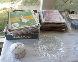 Sheet music, American Fostoria plate, Wedgwood