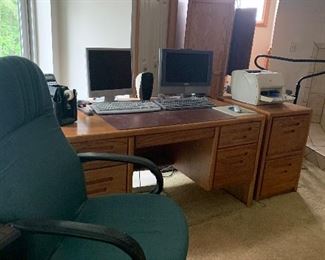 Oak desk & file cabinet, green office chair