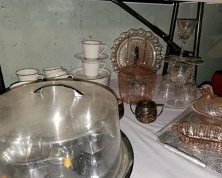 vintage, cake plate, pink depression glass