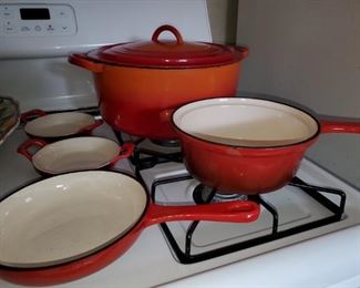 large Le Crueset  #26,  misc cast iron enamel pieces, 