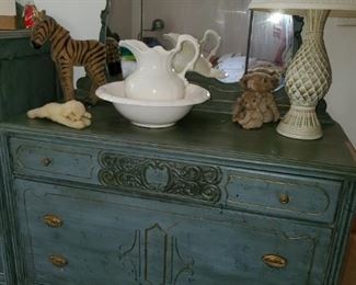 Vintage blue, pickled, chest of drawers,  matching pieces 