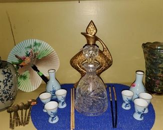 saki vase and cups,  decanter 