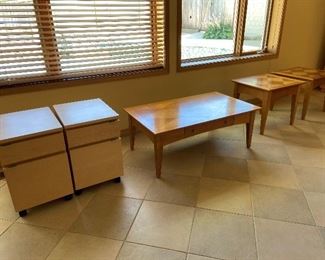 two end tables that are file cabinets. Coffee table, end tables