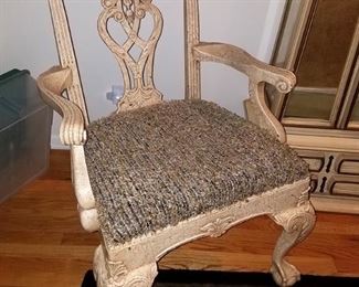 Gorgeous large Rococo/Chippendale style chair with plush seat in a distressed antique white finish