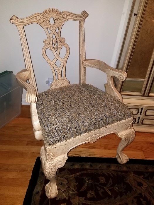 Gorgeous large Rococo/Chippendale style chair with plush seat in a distressed antique white finish