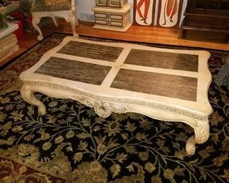 Italian provincial distressed white coffee table with marble top
