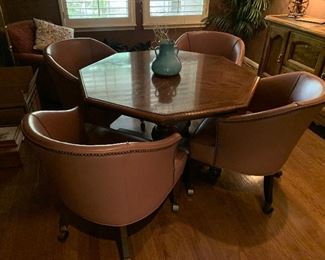 $ 475~ OBO~ VERY UNUSUAL OAK HEXAGON TABLE WITH FOUR CUSTOM UPHOLSTERED LEATHER CHAIRS ON CASTORS 