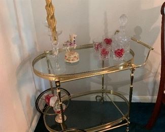 $125~ PRECIOUS GLASS AND BRASS TWO TIER SERVING CART KITCHEN BAR