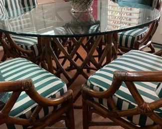 $675 ~ OBO WOW! HIGHLY SOUGHT AFTER MID CENTURY MODERN GLASS TOP TABLE AND FOUR RATTAN BAMBOO BARREL CHAIRS WITH CUSTOM UPHOLSTERED CUSHIONS 