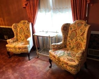 Mary Webb hand Embroidered Crewel Wing back Chairs.  Perfect Condition