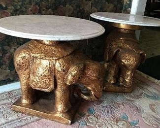 Pair of Heavy Plaster Elephant end tables with Marble tops