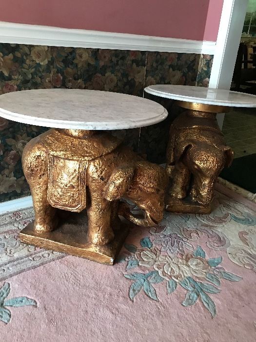 Pair of Heavy Plaster Elephant end tables with Marble tops
