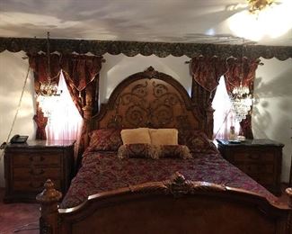 Great Carved wood King Sized Bedroom Suite.  Curtains are for sale.  There are four sets