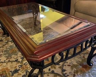 Coffee Table of Wood + Iron & Beveled Glass 