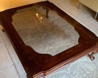 Unique Style Rectangular Wood Framed w/ Glass Insert Coffee Table