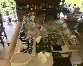 Lg Assortment of Silver, Glassware, Serving pieces 