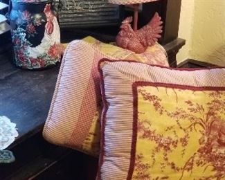 Handpainted Washboard by Indiana Artist, Waverly Toile Rooster Pillow, & Rooster Lamp