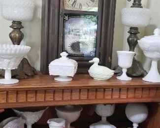Antique Mantel Clock-New England Clock-Farmington, Conn. Hobnail Milk Glass Lamps, Milk Glass Collection including Westmoreland