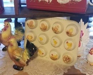 Handpainted Rooster Motif Metal Paper Holder by Indiana Artist & Handpainted Muffin Tin