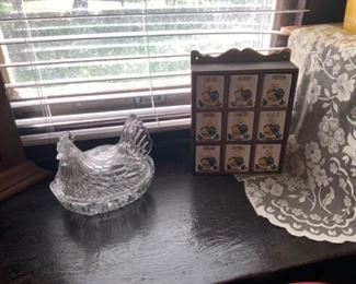 Crystal Hen on Nest & Vintage Rooster Motif Spice Rack