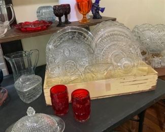 Pretty Crystal & Glass Platters & L.E. Smith Moon & Star Tumblers