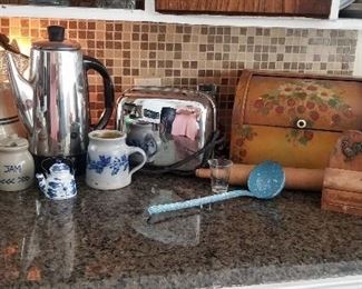 Vintage Metal Bread Box, Crock Pitcher, Vintage Toaster, & GE Percolator