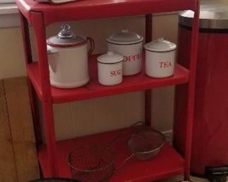 Vintage Red Metal Cart & Red & White Enamelware