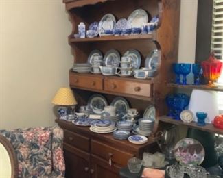 Hand Built China Hutch from New Hampshire, Blue & White Dishes, & Waverly Upholstered Chair