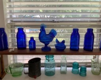 Cobalt Blue Collectible Glassware, Vintage Bromwells Sifter, & Green Depression Glass Measuring Cup