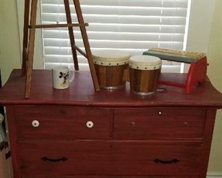 Raggedy Ann, Vintage Bongo Drums, Doll High Chair, & Painted Dresser
