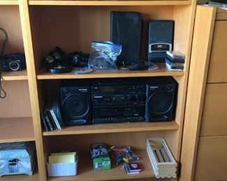 stereo book shelves, electronics