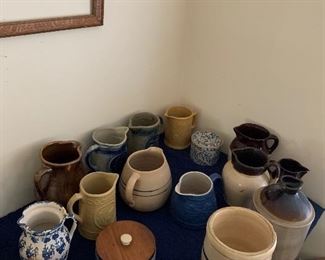 Milk pitchers and assorted crockery; salt glazed