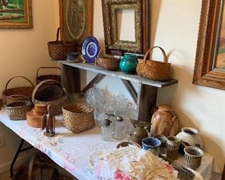 Gary Neese pottery; baskets, buttocks baskets, flow blue plate; picture frames, bench, pressed glass, syrup pitchers, table cloths and linens, shaker boxes