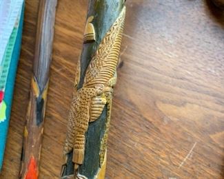 Eagle on carved walking stick